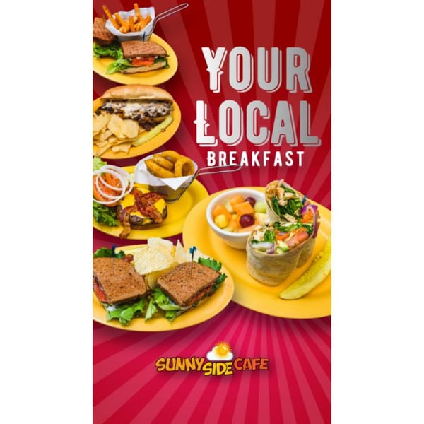 Assortment of breakfast and lunch items from Sunnyside Cafe, including sandwiches, burgers, and wraps.