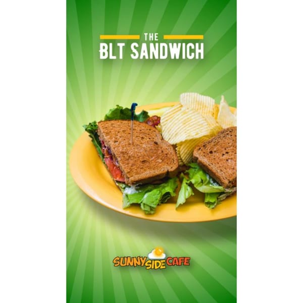A Sunnyside Cafe BLT sandwich with chips on a yellow plate, against a green background.